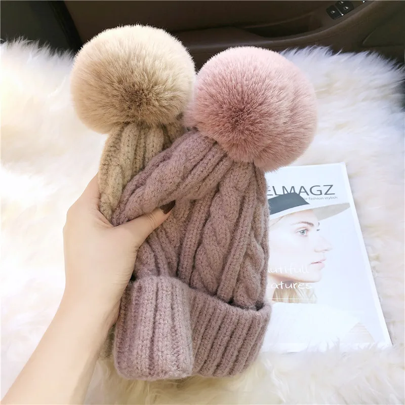 Зимние теплые шапки с помпоном из искусственного меха Модные Лыжные для девочек