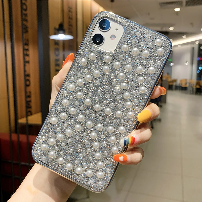 

Flashing Rhinestone Pearl Phone Case For iPhone 12 Mini 11 Pro MAX XR 7 8 Plus X SE2020 Chrome-Plated Edge Drop-Proof Back Cover