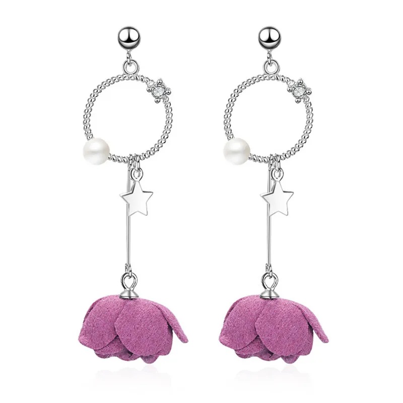 

Fashion flower handmade tassel earrings long S925 sterling silver temperament petal earrings send women