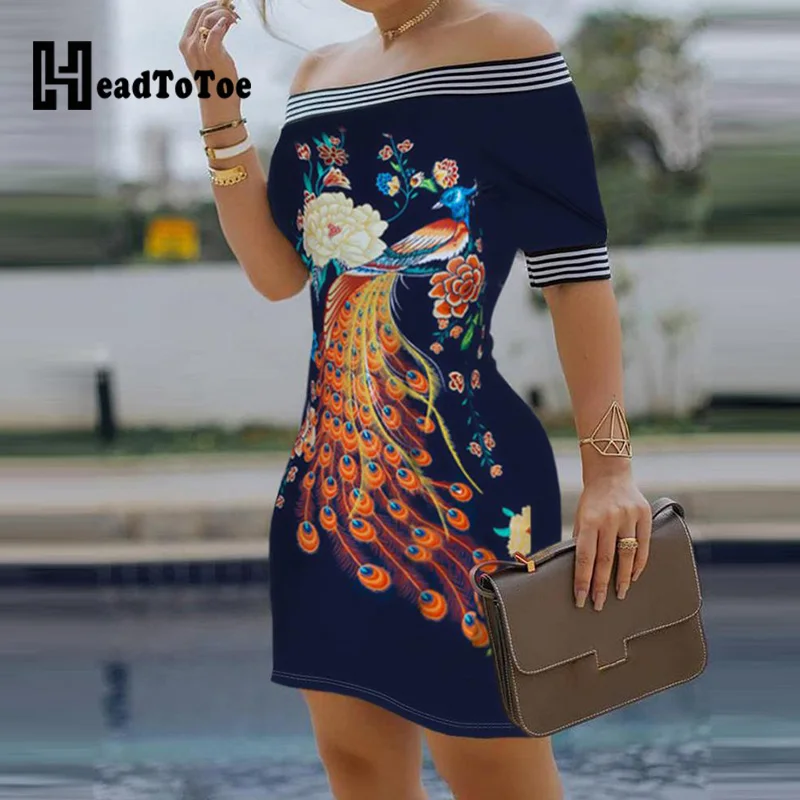 Облегающее платье в полоску с открытыми плечами и цветочным принтом