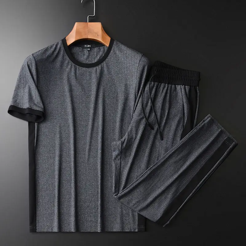 

2020 summer new leisure sports short sleeve suit men's slim silk vertical grain breathable top pants two piece set