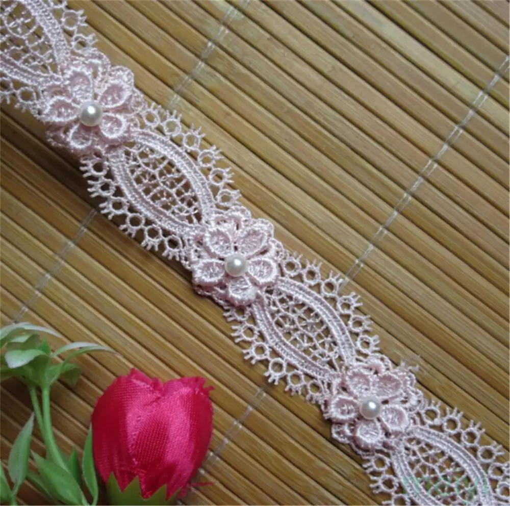 2 ярдов растворимые розовый полиэстер жемчужина цветок вышитые Ткань Кружево
