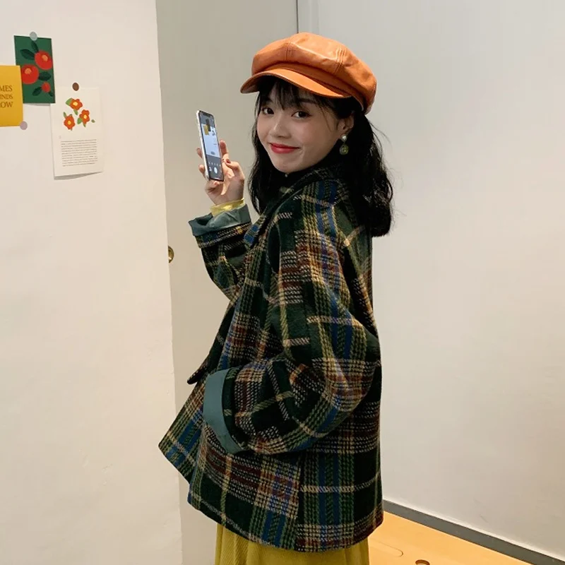 Клетчатое твидовое пальто женская одежда на весну и осень зиму новинка 2021