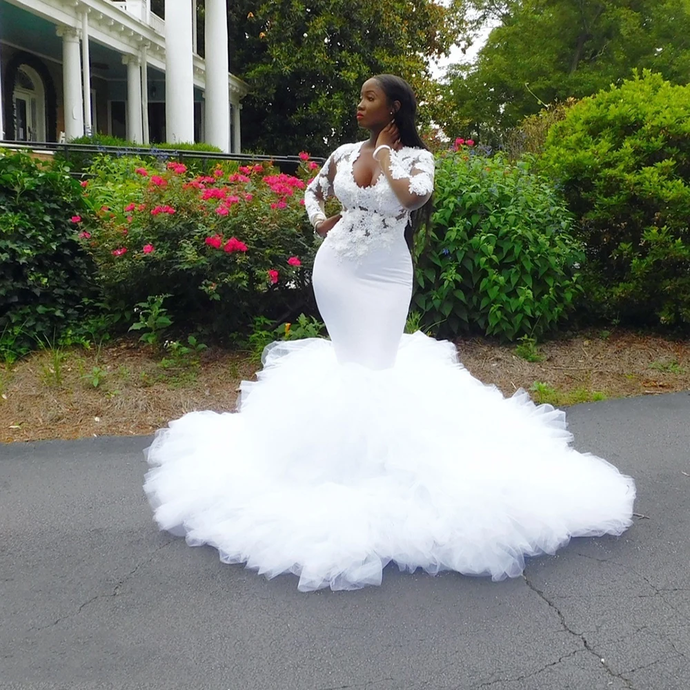 

Женское свадебное платье с юбкой-годе, белое кружевное платье с длинным рукавом и V-образным вырезом, с оборками, в африканском стиле, винтаж...