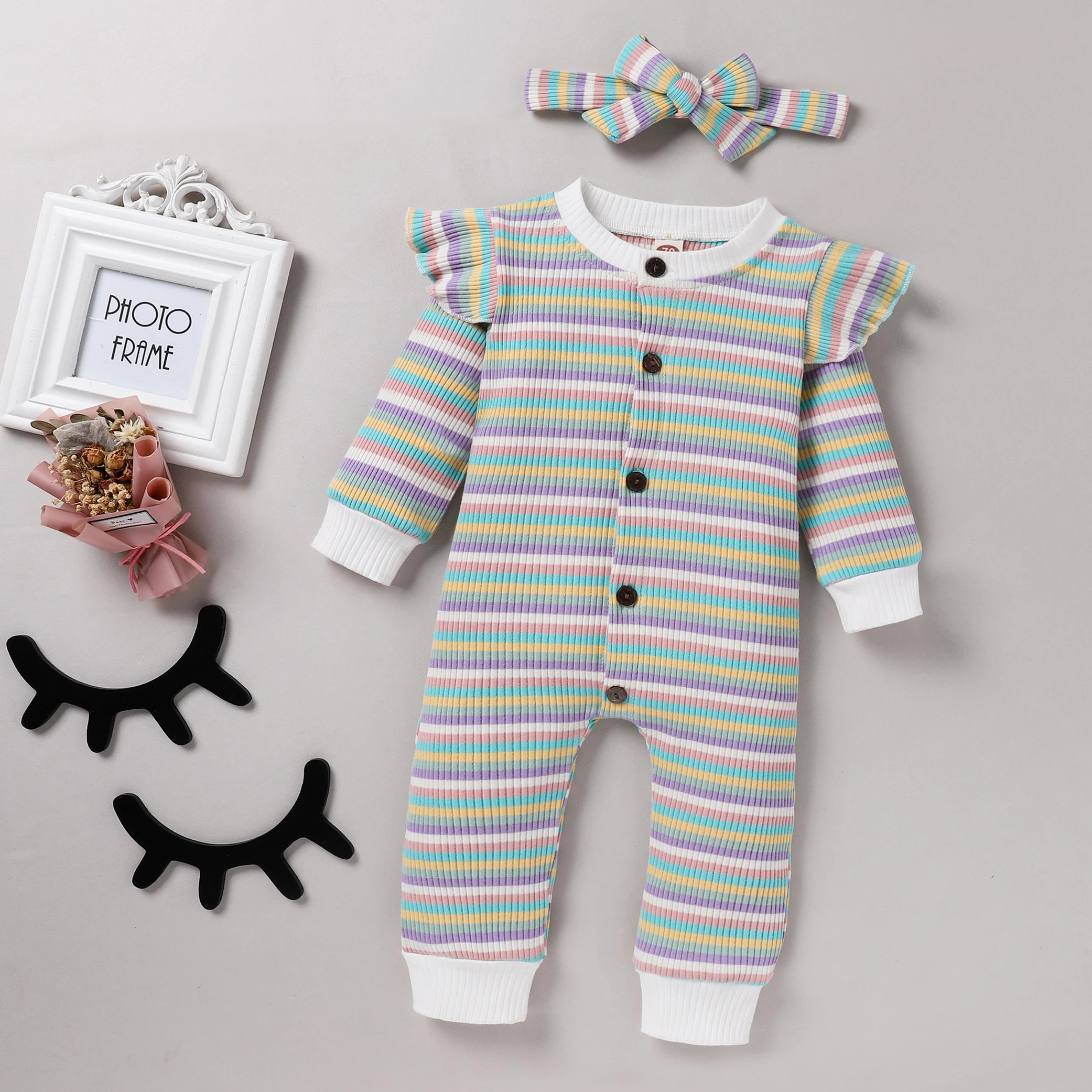 

Newborn Baby Girl Boys Clothes Sets Autumn Colorful Striped Long Sleeve Ruffle Romper + Headband 2Pcs Clothes Set 0-18M