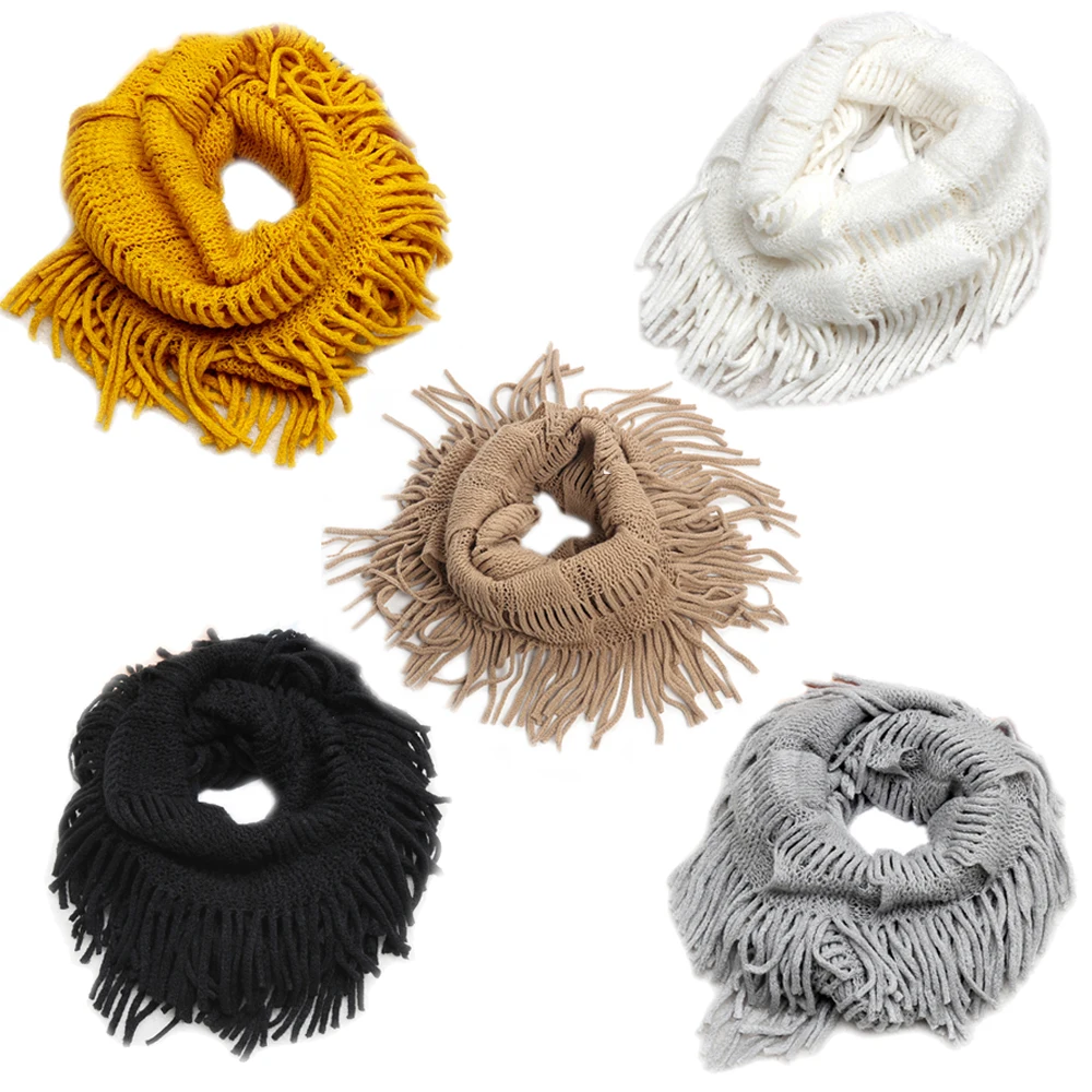 Women Wool Knit Tassel Warm Fall Winter Infinity Scarf Soft Shawl fringed bib Female Cashmere Wrap Blanket Tippet |