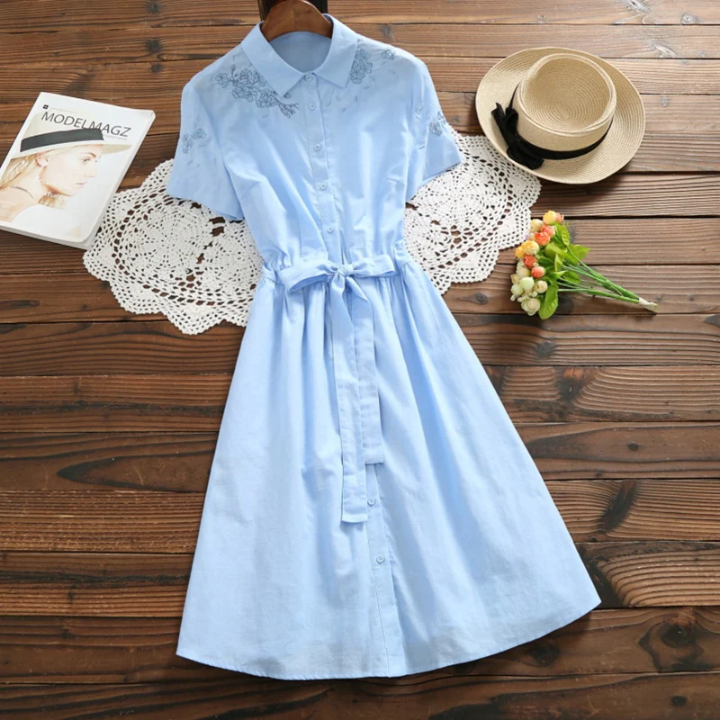 Платье женское летнее однотонное с вышивкой из хлопка и льна|Женские платья| |