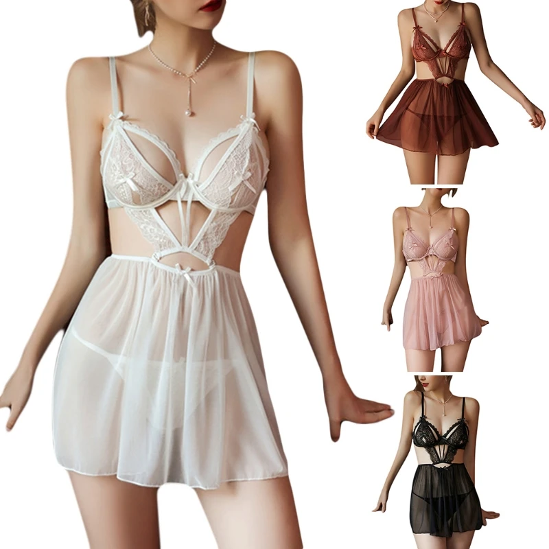 

Women Sexy V-Neck Mesh Lingerie Dress with Panties Set Open Cup Lace Nightgown
