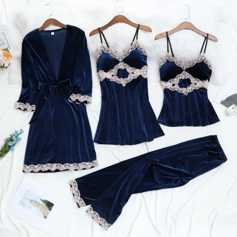 Золотистый бархатный пижамный комплект из 4 предметов Сексуальная кружевная