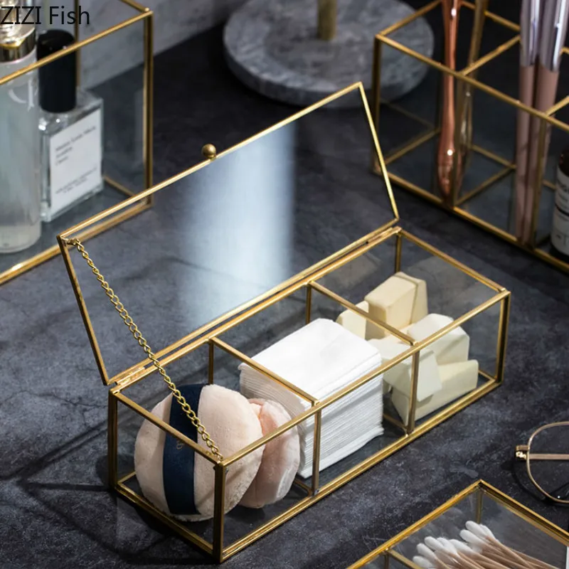 Стеклянная коробка для хранения косметики с медными краями губная помада маска