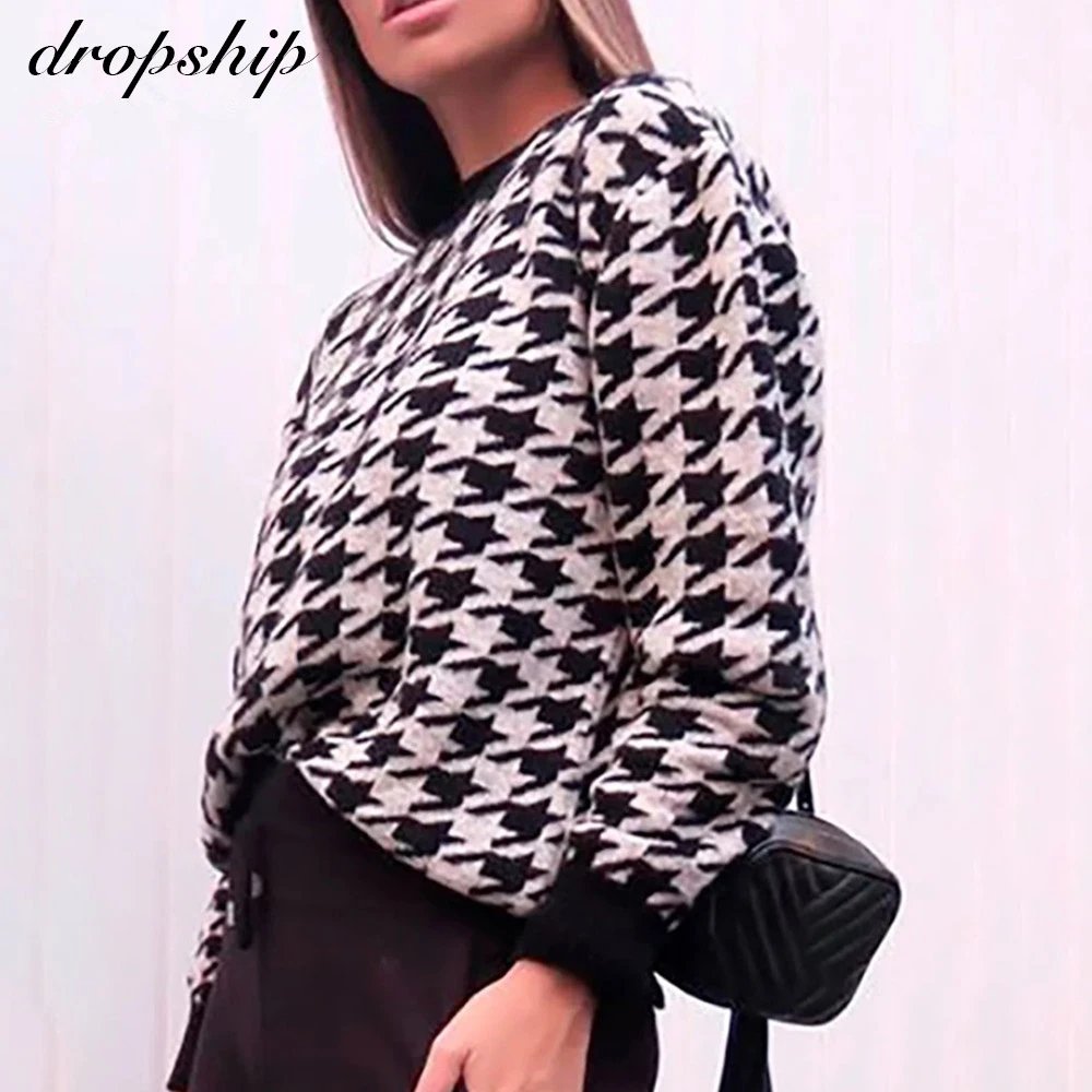 

Woolen Plaid Sweater Round Neck Long Sleeve Knitted Pullovers Sweaters For Women Fashion Winter Clothes