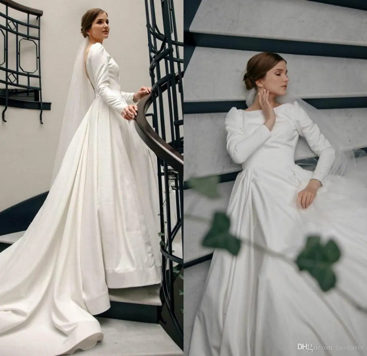 

Elegant Dubai Said Mhamad Plus Size A Line Wedding Gowns Batrau Neck Pleats Long Sleeves Court Train Draped Ruched Bridal Dresse