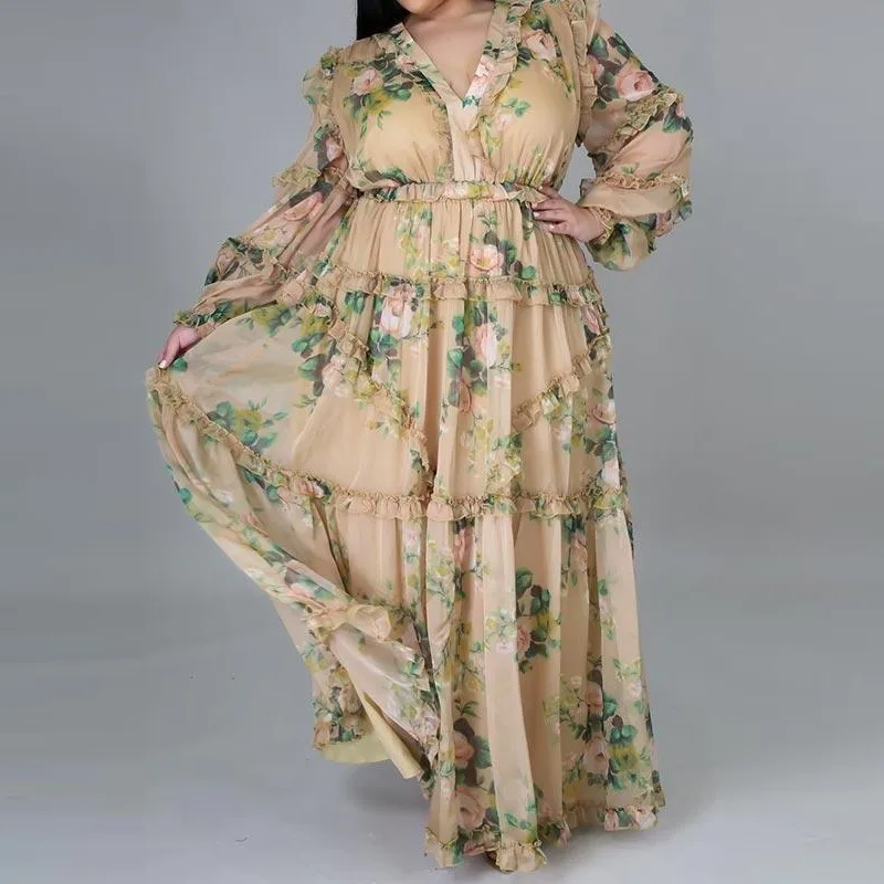

5XL размера плюс женское Платье макси с длинным рукавом v-образный вырез с высокой талией халаты новые летние Цветочный принт богемное пляжно...