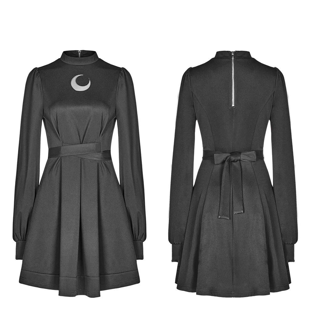 PUNK RAVE Women's Gothic High Collar Collect Waist Dress Knit Belt Sexy Retro Lantern Sleeve Women Dresses | Женская одежда