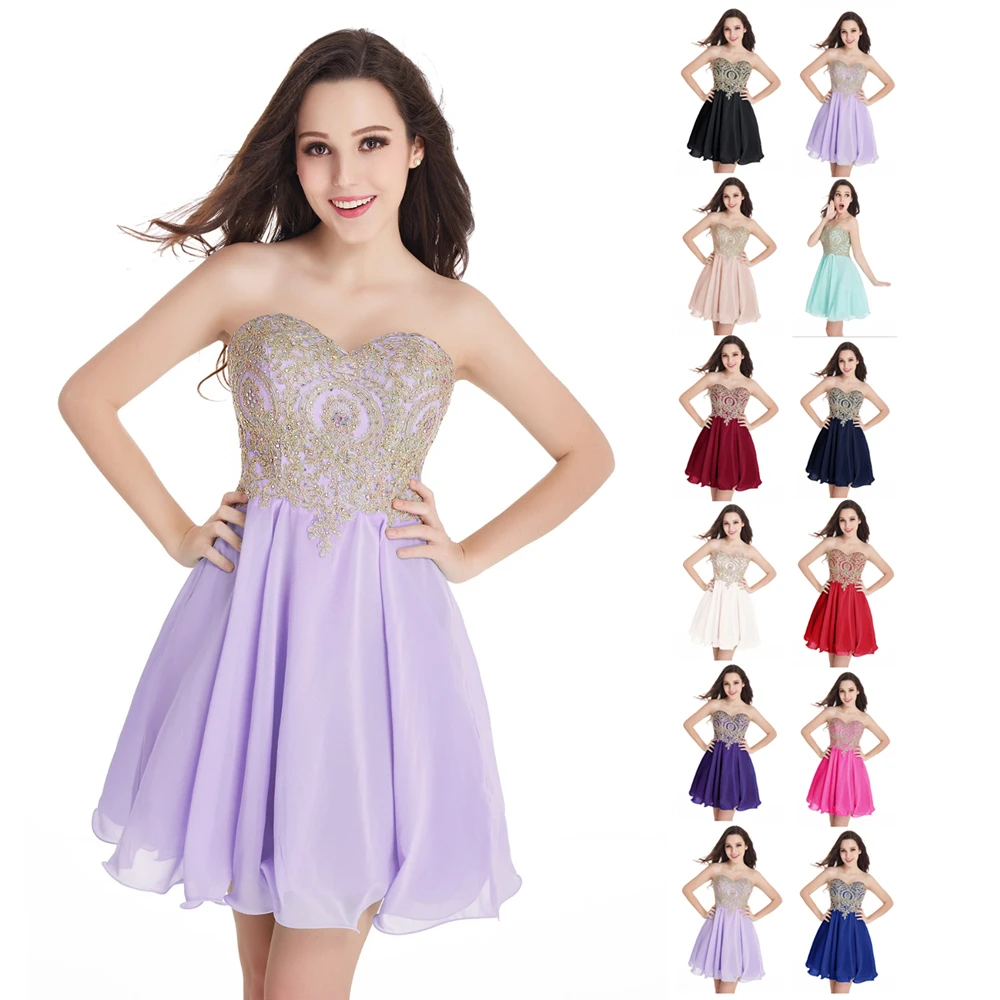 

SALE Short Sexy Sweet Heart Neck Prom Dresses Backless Gold Lace Appliques Tulle A-Line Mini Skirt for Girls Lilac Robes de bal