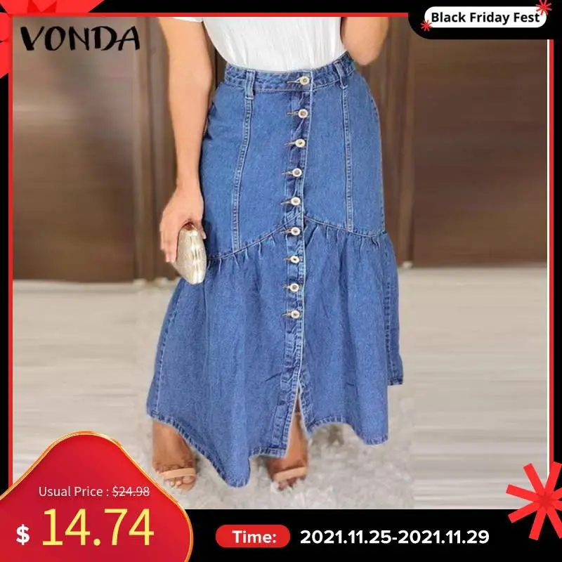 

Denim Skirts VONDA Women Casual Solid High Waist Midi Skirt Femme Loose Streetwears Faldas De Mujer 3 Colors Ruffled Skirts