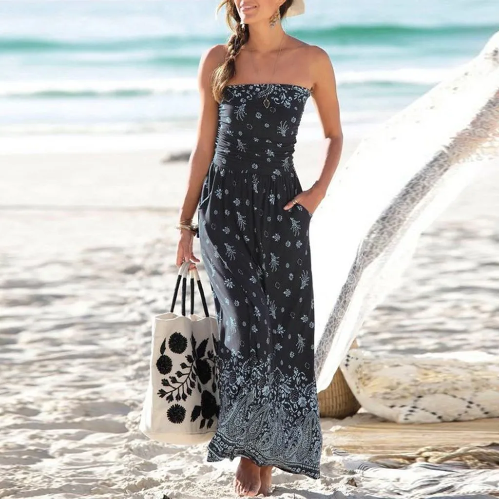 

Womens Bandeau Holiday Off Shoulder Long Dress Ladies Summer Solid Maxi Dress woman dress vestidos #25