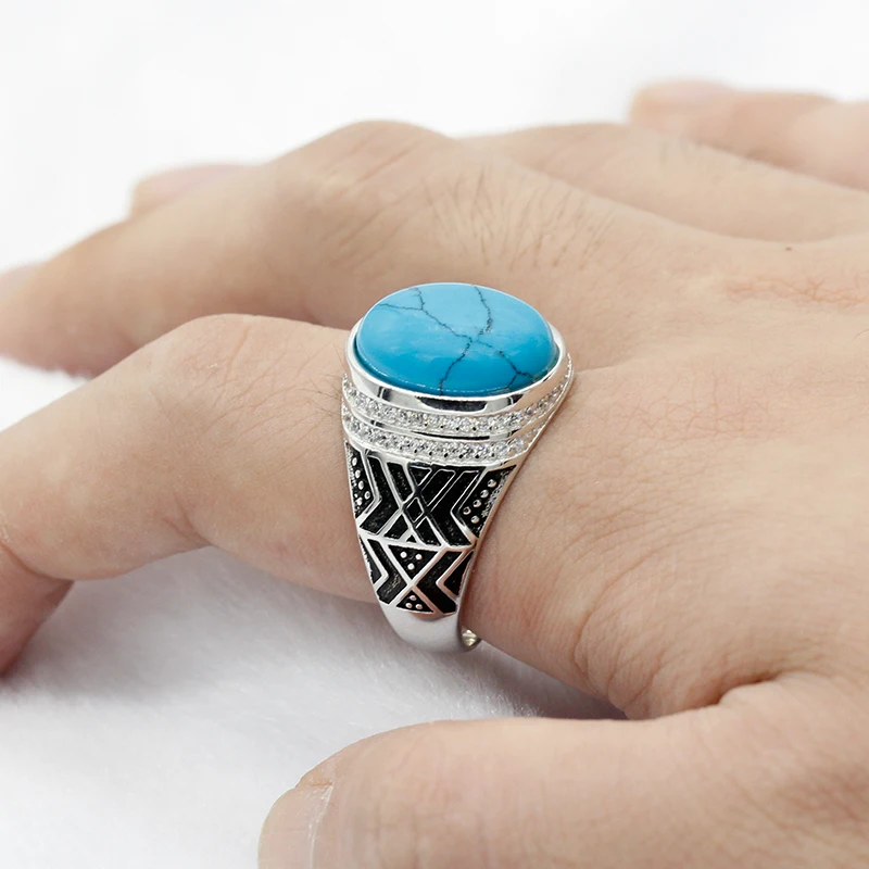 925 пробы Серебряное мужское кольцо винтажное голубое цвет трещины большой камень с прозрачным CZ мужские модные ювелирные изделия