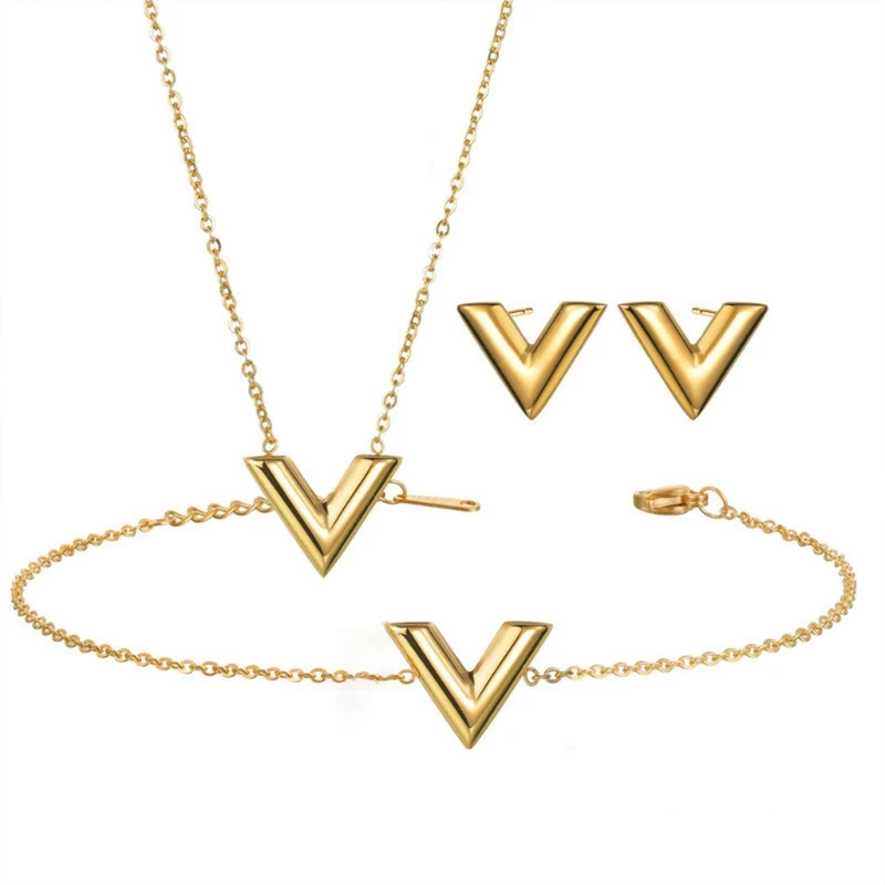 

69HB 1 Set Simple Alloy Letter V Necklace Bracelet Stud Earrings Golden Alphabet Pendant for Women Girl Wedding Party Jewelry