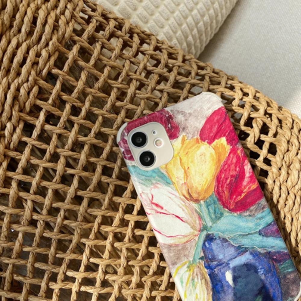 

Oil Painting Tulip Phone Case For iPhone pro max 11 XR X XS Max 7 8Plus SE 12mini 2020 TPU Shock Proof Back Cover Capa Coque