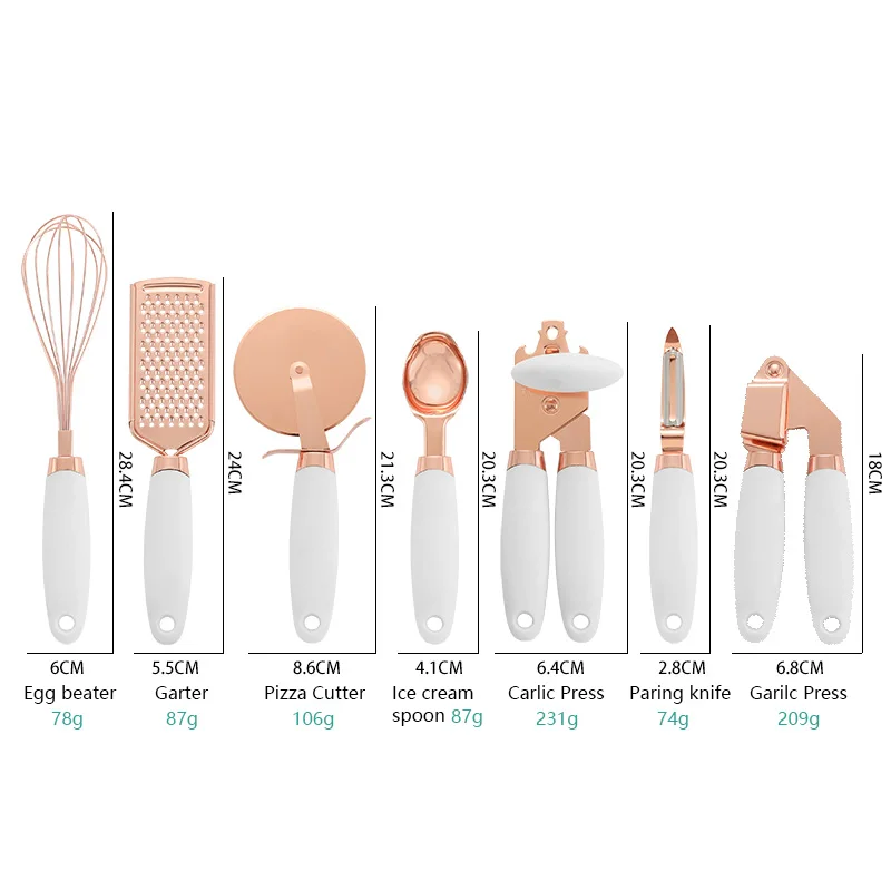 walfos 7 pcs kitchen gadget set copper coated stainless steel utensils with soft touch rose gold garlic press pizza cutter free global shipping