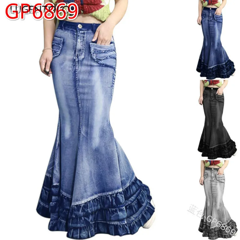 

Lugentolo Women's Denim Skir Spring Summer Fishtail Mermaid Sexy Fashion Denim Pocket Solid Slim-fit Casual Lady Loong Skirts