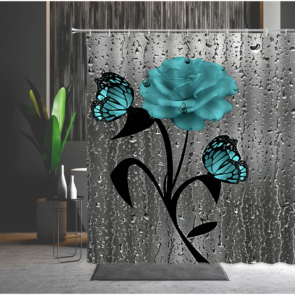 

Цветы Душ занавес синего цвета с рисунком из роз и бабочек на весенний сезон природный пейзаж полиэфирная перегородка ванной комнаты занав...