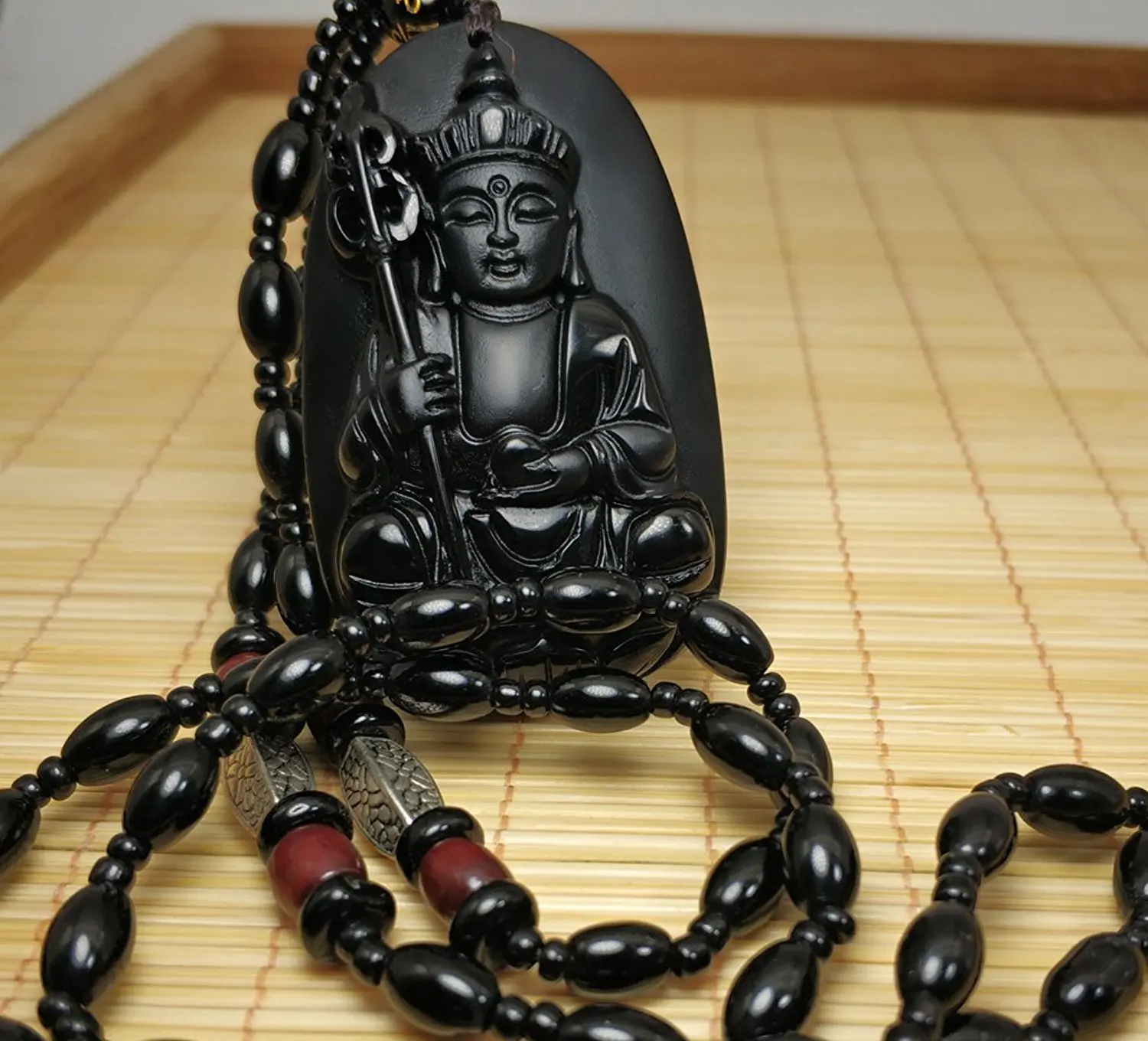 LETSFUN Fine Jewelry Clin-kk Pure Natural Obsidian Tibet Buddhism Jizo King Di Zang Buddha Necklace Pendant Free Shipping | Украшения и