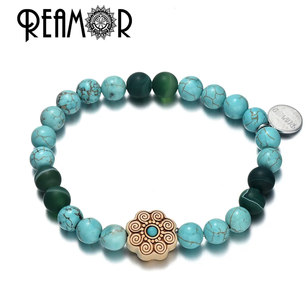 YSBK001 g REAMOR натуральная бирюза этнический браслет из деревянных бусин homme Модные Браслеты Мужчины/Женщины браслет ювелирные изделия подарок - Окраска металла: YSBK001 g