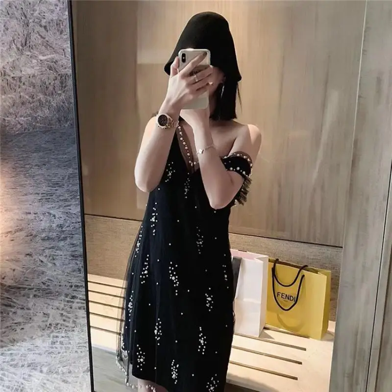 

Fashionable Handmade Beads V-Neck Black Sexy Mesh Mini Dress Sleeveless Loose Casual Women Summer Vest Dresses 2021 New