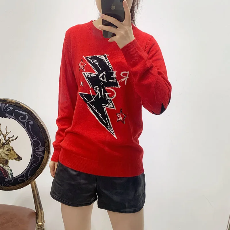 

Women O-Neck Sweater Lightning Pattern Letters Knitted Lady Casual Long Sleeve Loose Pullover Female Knitwear Jumper Tops 2021