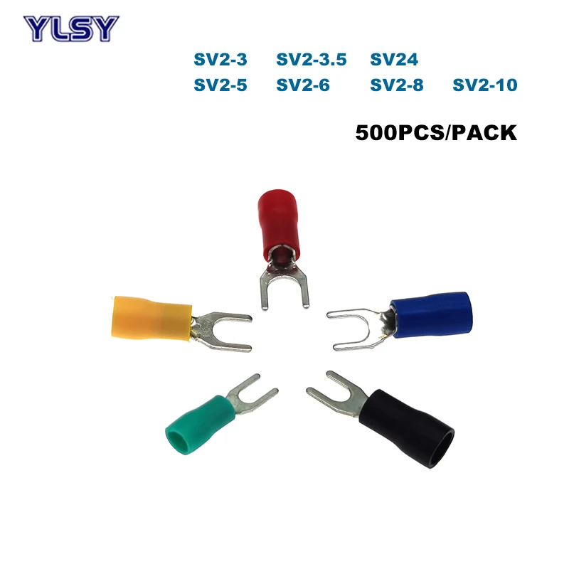 

500Pcs Spade Insulated Crimp Terminals Electric Wire Cable Connector SV2-3/3.5/4/5/6/8/10 Furcate Ferrules 16-14AWG 1.5-2.5mm2