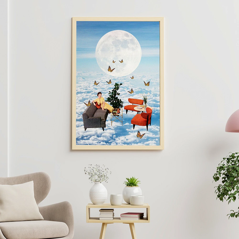 

Wall Art Pictures Vintage Surrealism Blue Sky White Clouds Art Print Painting Psychedelic Moon Butterfly Poster Girl Room Decor