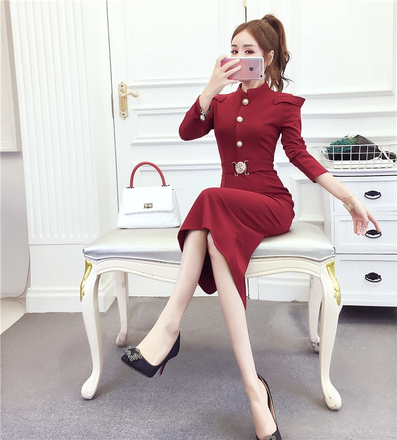 Осеннее облегающее платье с длинным рукавом женское сексуальное однотонное