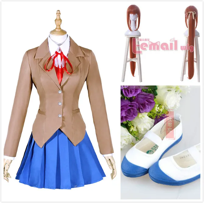 

Аниме игровой костюм полный комплект Doki Literature Club Sayori Yuri natsukmonika взрослый Косплей Костюм с париком