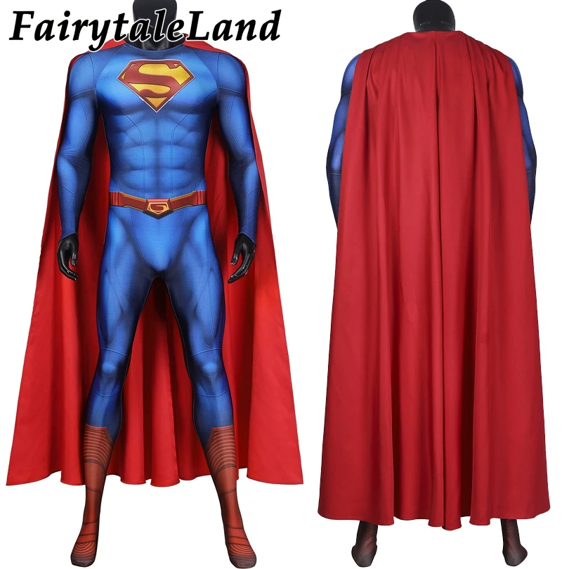 

Adult Man Superhero Costume Clark Cosplay Kent Jumpsuit and Lois Halloween Blue 3D Printing Zentai hero Bodysuit with Cape