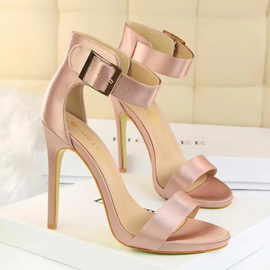 

Korean sandals women's summer 2020 new versatile Satin sexy thin heeled waterproof platform high heeled shoes with one button