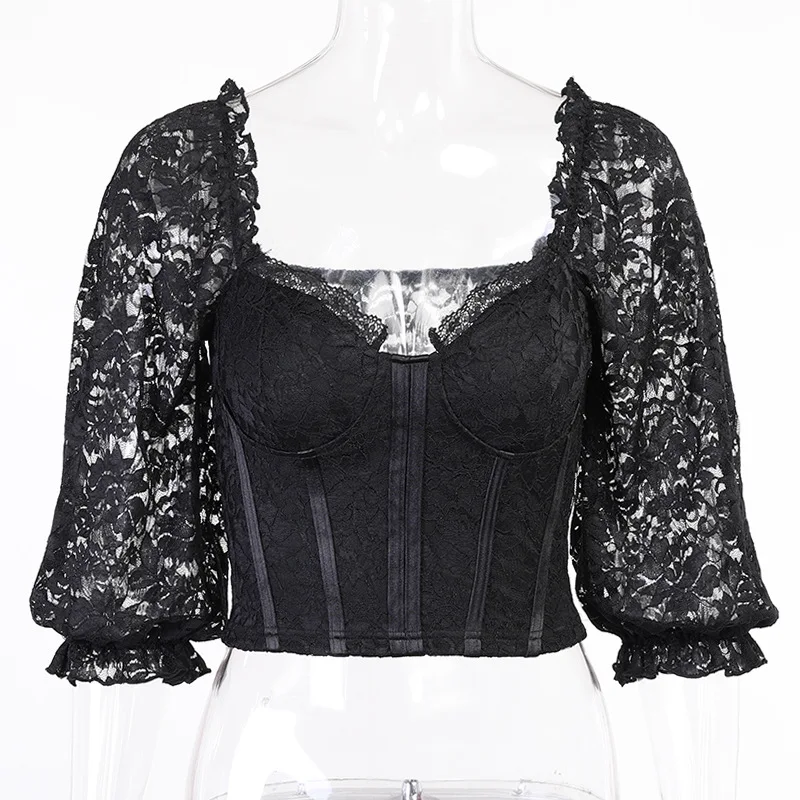

Summer Short Sleeve Blouse Sexy Lace Women V Neck Slim Flare Sleeve T Shirt Top
