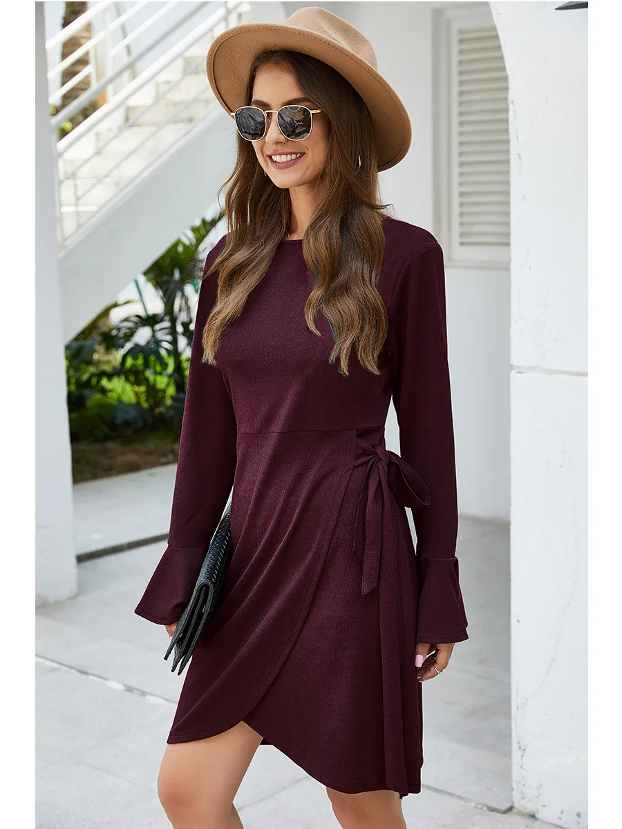 

Autumn New 2021 Woman's Sexy Flare Sleeve Long Lrregular Dress Casual Bandage Solid Color Fashion Ladies Crew Neck Knitted Dress