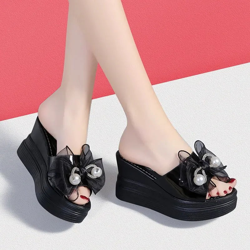 

Shoes Woman 2021 Slippers Casual On A Wedge Pantofle Platform Heeled Mules Luxury New Flat High Rome PU Slides Super Shoes Woman