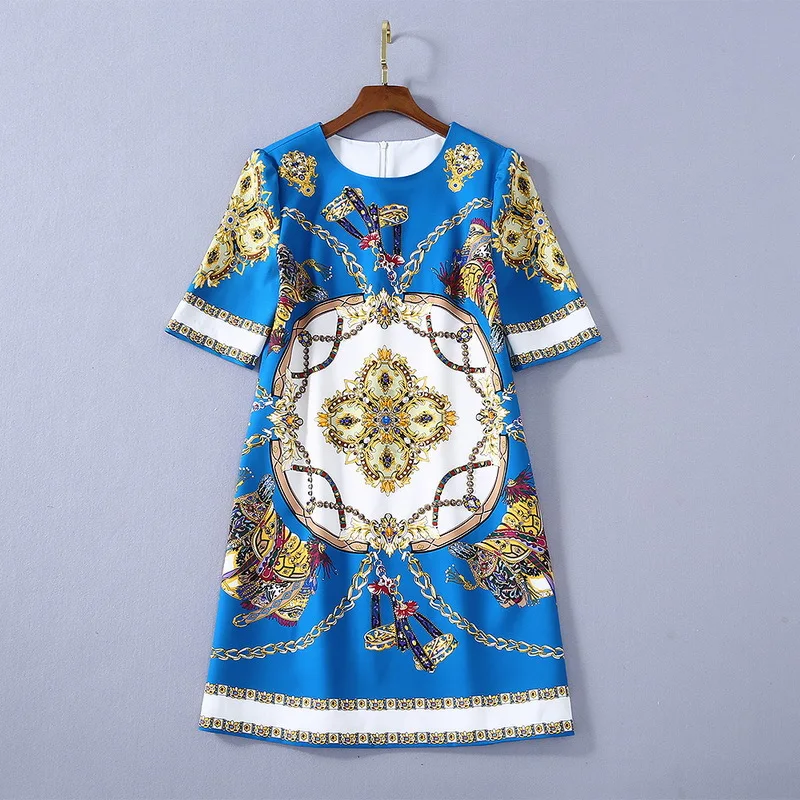 

1106 2021 Free Shipping Spring Dress Crew New Short Sleeve Flora Print Empire Beads Blue Fashion Womens Clothes SH