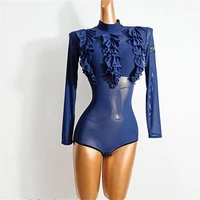 lotus design long sleeve latin dance tops women bodysuit blue mesh autumn winter modern dance practice clothes