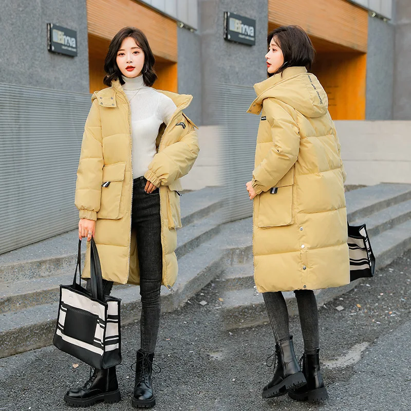 Fdfklak Glossy Wash-Free Yellow Jacket Hood Mid-Length Korean Loose Female Coat Winter Thick Hooded Coat Women Manteau Femme enlarge