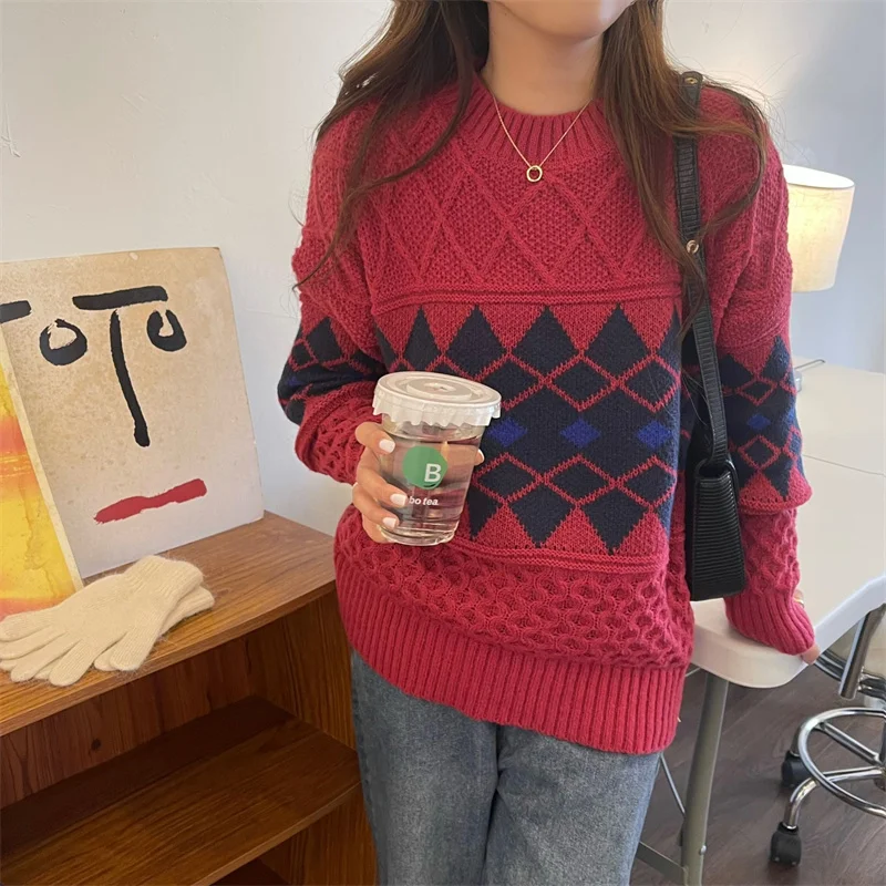 

Vintage Argyle Woman Sweater Jumper Knit Long Sleeve Christmas sweater Ladies Harajuku Korean Casual Daily Elegant Top Pullovers