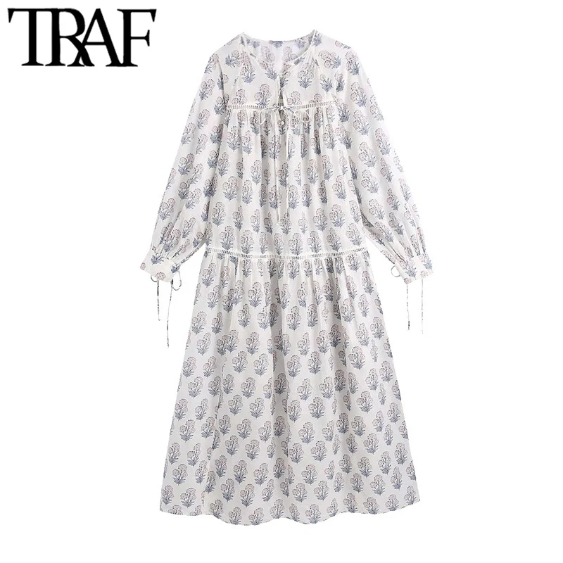 

TRAF Women Chic Fashion Floral Print Patchwork Midi Dress Vintage Long Sleeve With Tie Female Dresses Vestidos Mujer