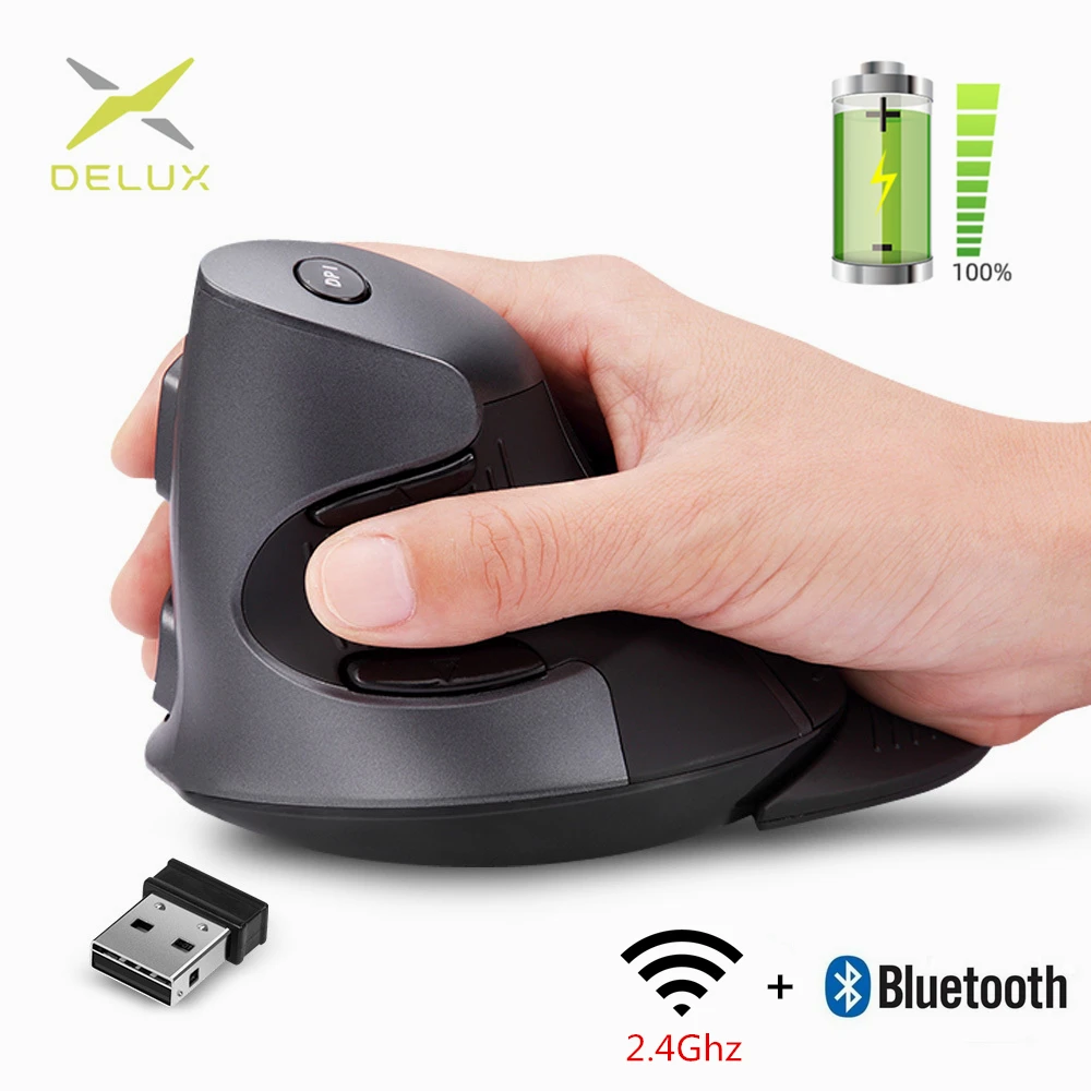 Rato sem Fio Ópticos com Descanso de Palma Removível para Computador Delux Vertical Recarregável Ergonômico 4000 Dpi Ratos M618g