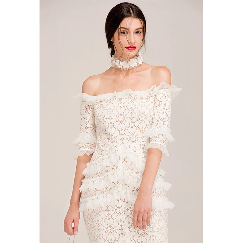 Женское кружевное платье средней длины Тюлевое облегающее с оборками и коротким