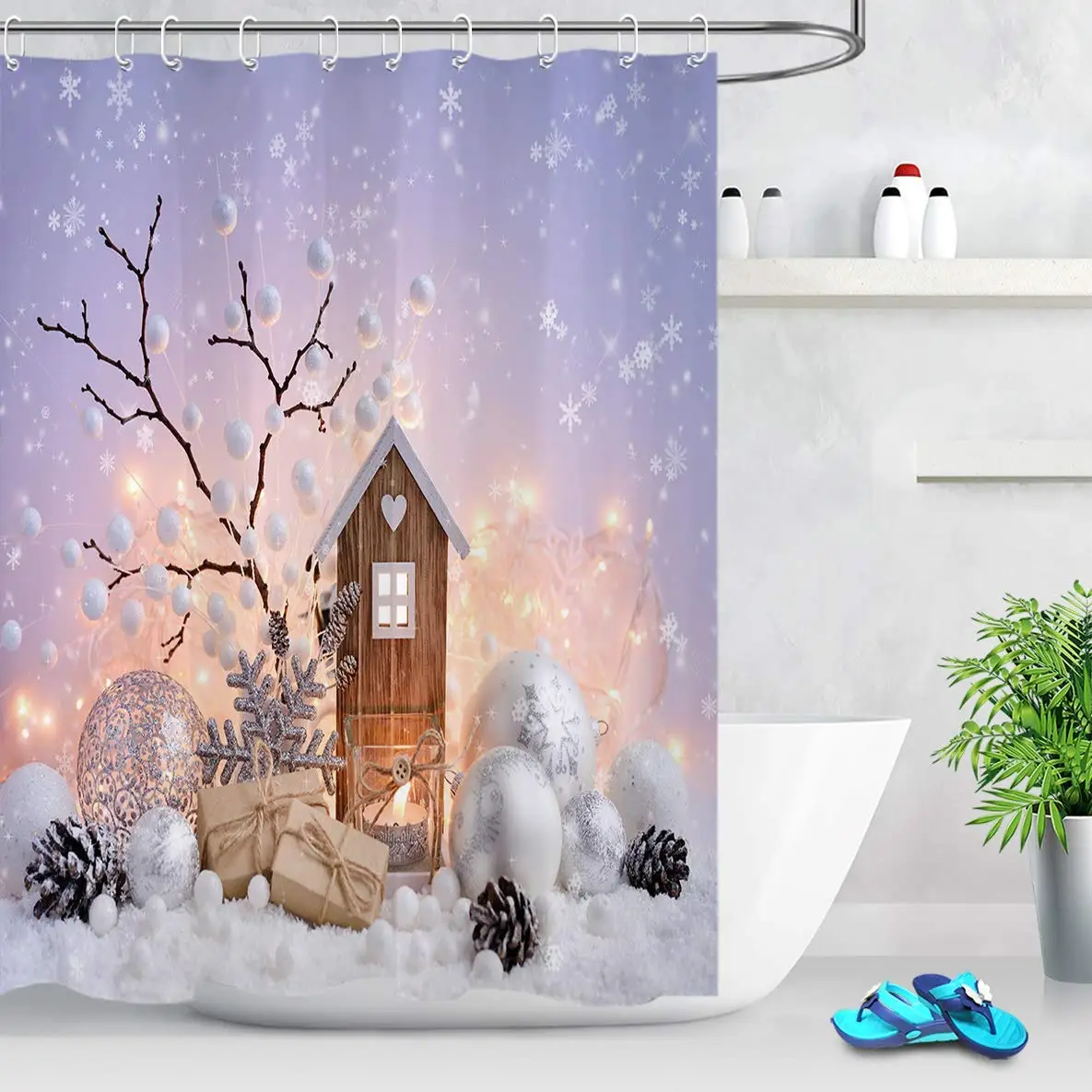 Зимняя сцена Праздничная тема Рождественские шары подарки снежинки Новогодняя