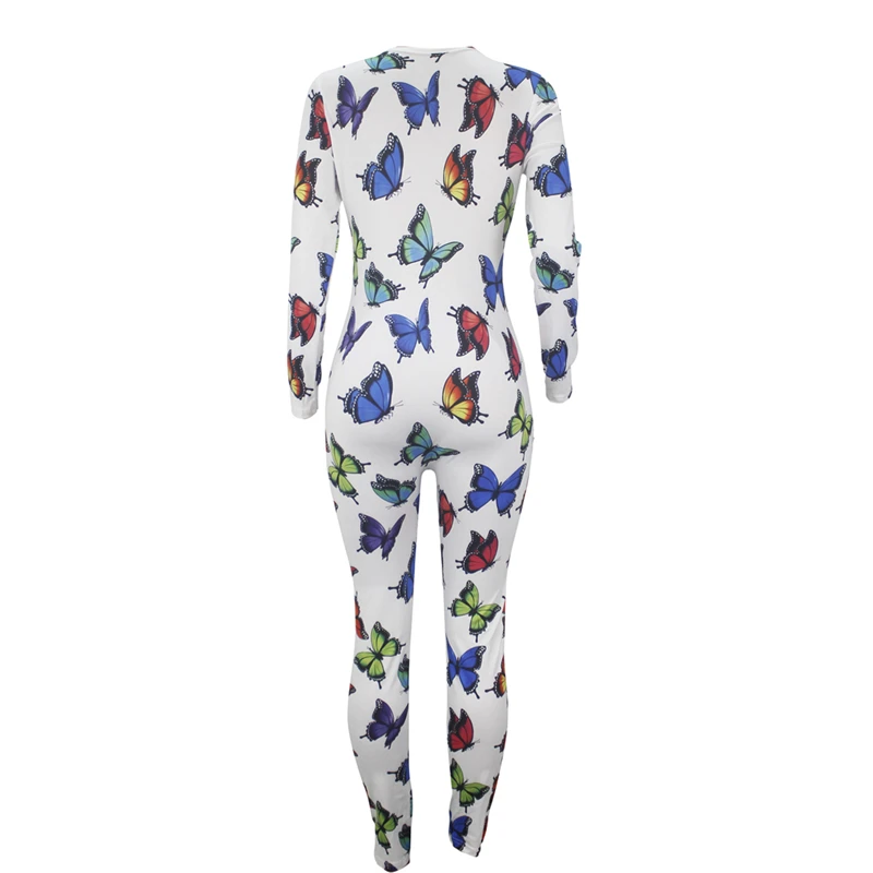 

Women Butterfly Printed Bodycon Jumpsuits Deep V-Neck Long Sleeve Button Stretch Outfit Ladies One Piece Skinny Jumpsuit Rompers