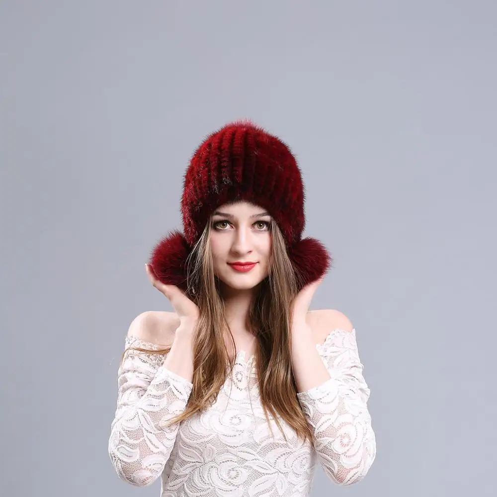 Зимняя норковая шапка с тремя шариками женская теплая Модная кожа натуральный
